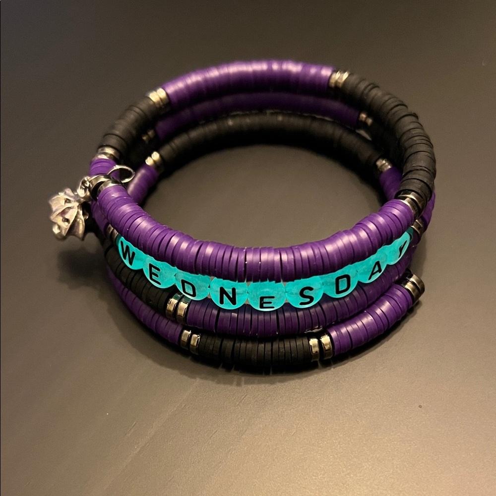 Hand Crafted Wednesday Purple and Black Bracelet with Umbrella Charm